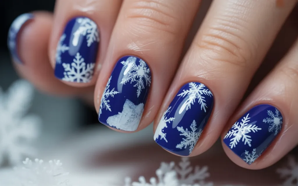 Deep Blue Nails with Powdery Snowflakes