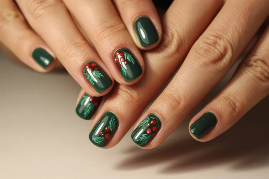 Green Nails with Red Berries and Leaf Designs