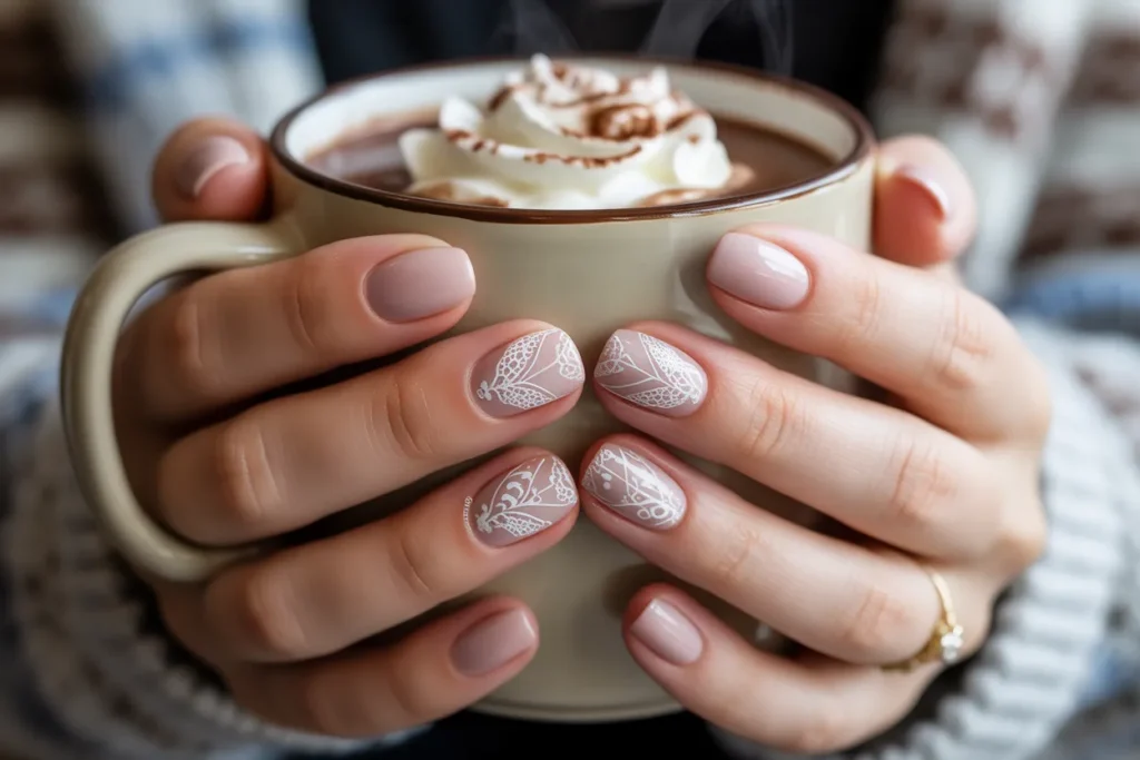 Matte Nude Nails with White Lace Designs