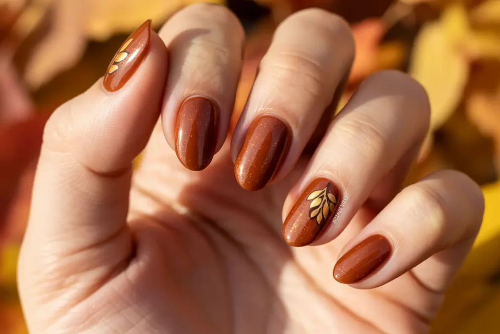 Maple Brown Nails with Subtle Glitter Overlay