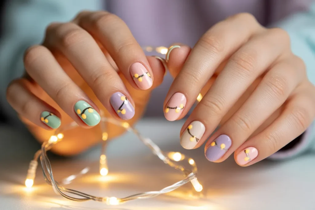 Traditional Christmas Lights on Pastel Nails