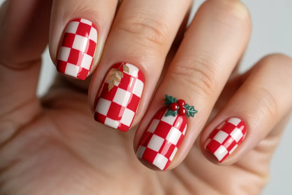 Checkerboard Red and White Nails
