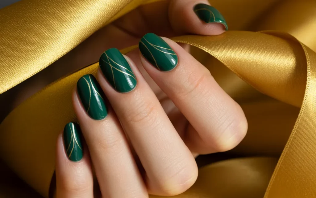 Dark Green Nails with Gold Line Art