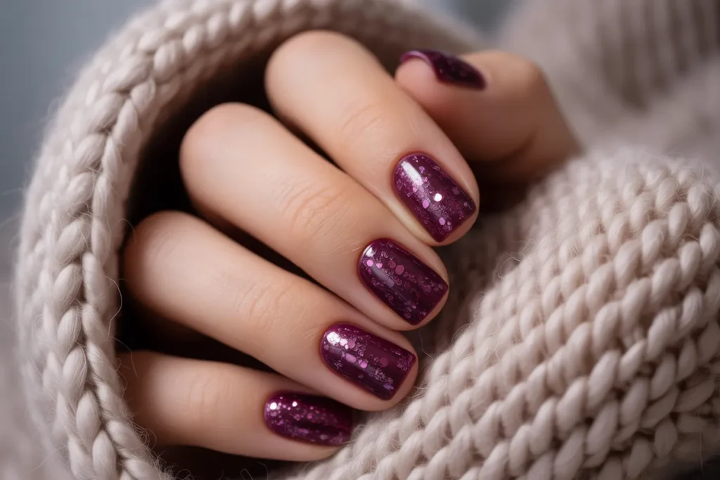 Mulberry Nails with Micro Glitter Overlay