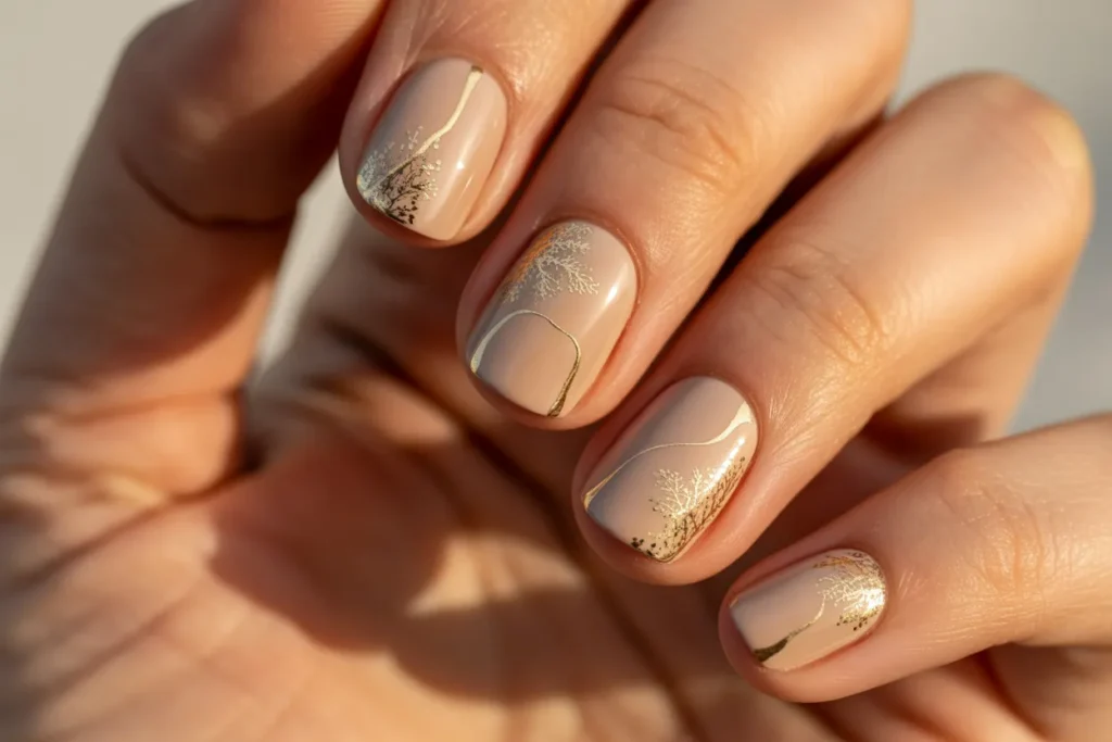 Latte Nude Nails with Minimalist Line Art