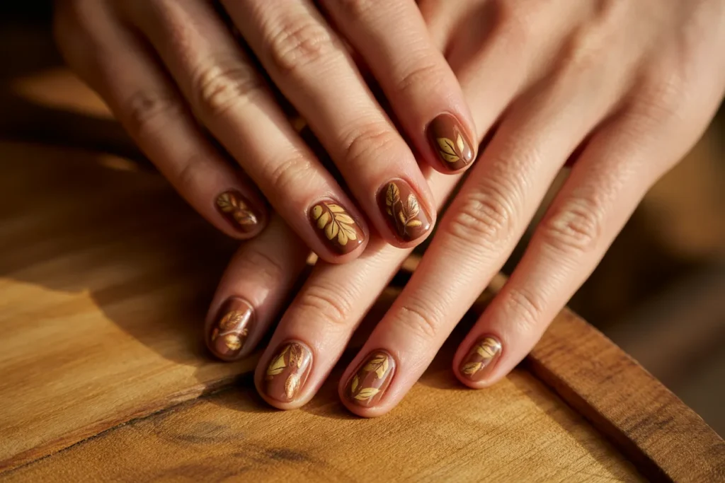 Coffee Brown Nails with Leaf Accents