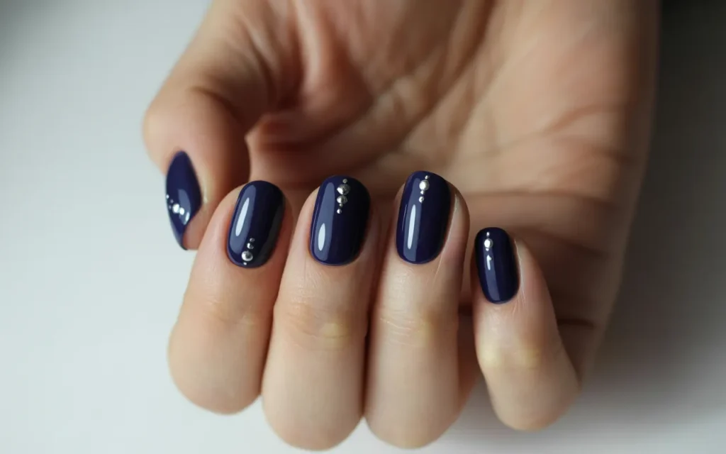 Dark Blue Nails with Minimal Silver Dots