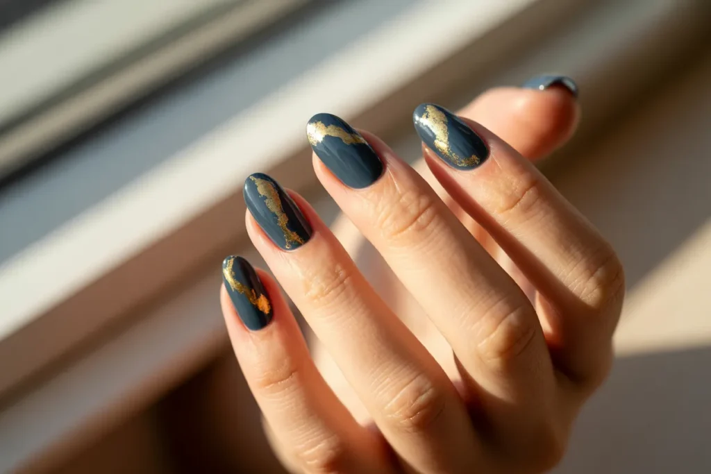 Charcoal Blue Nails with Gold Foil