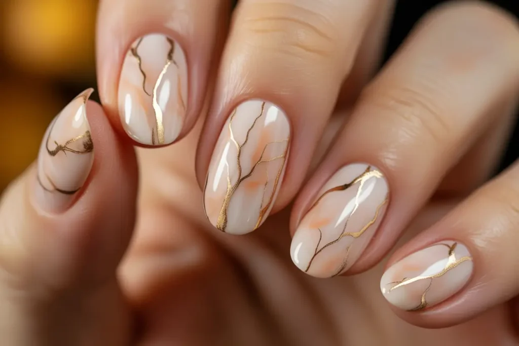 Creamy Blush Nails with Gold Veins