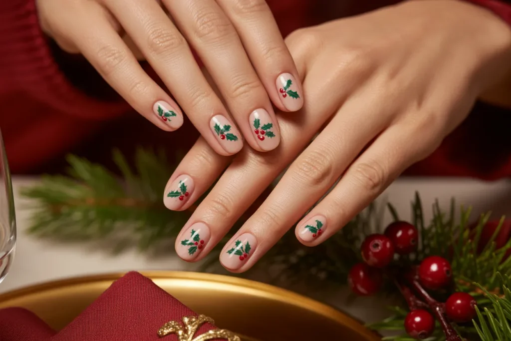 Soft Nude Nails with Holly Leaf Art