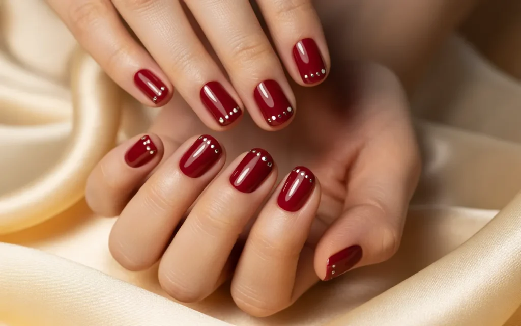Dark Red Nails with Dot Accents