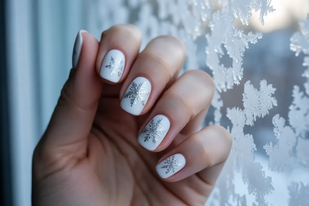 Snowflake Patterns on Matte White Nails