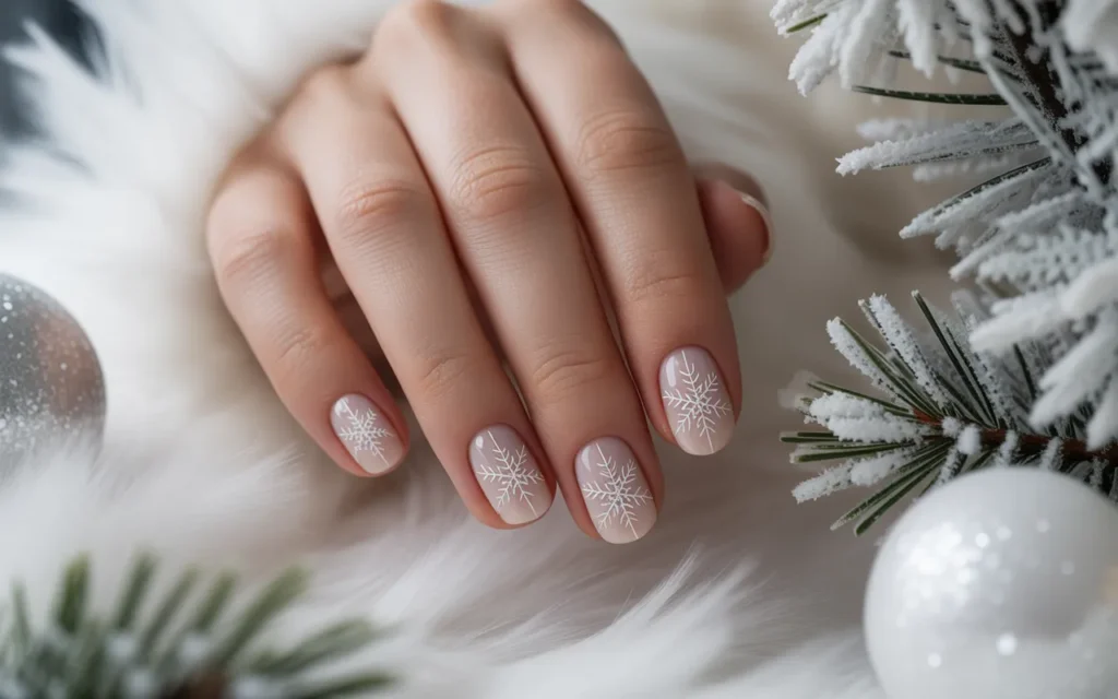 Soft White Snowflakes on Nude Nails