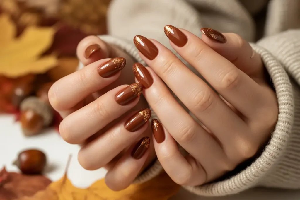 Chestnut Brown with Copper Glitter Tips