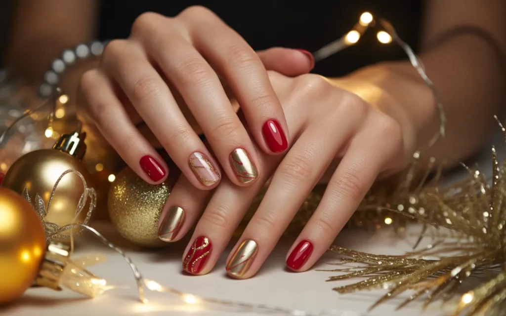 Red and Gold Mix-and-Match Holiday Nails