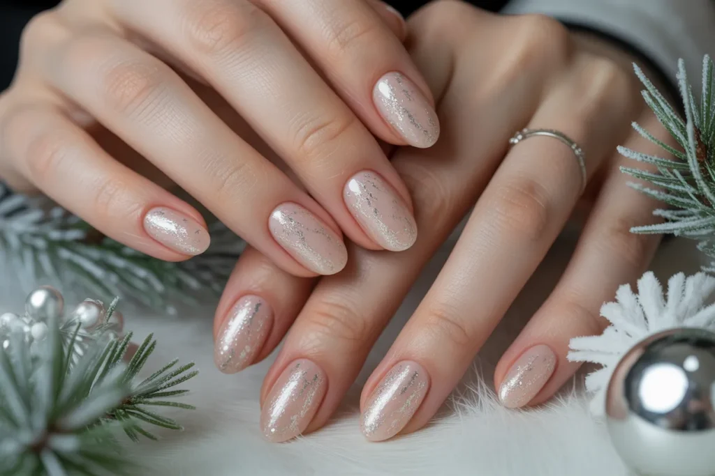 Cool Nude Nails with Frosty Glitter Overlay