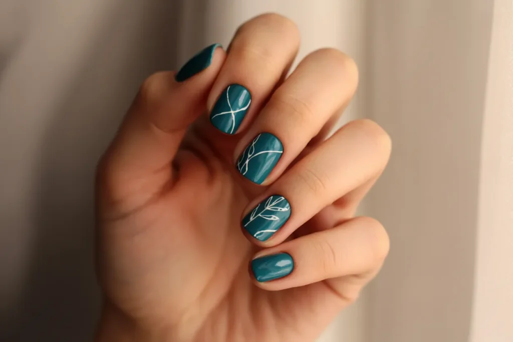 Deep Teal Nails with Minimalist Lines