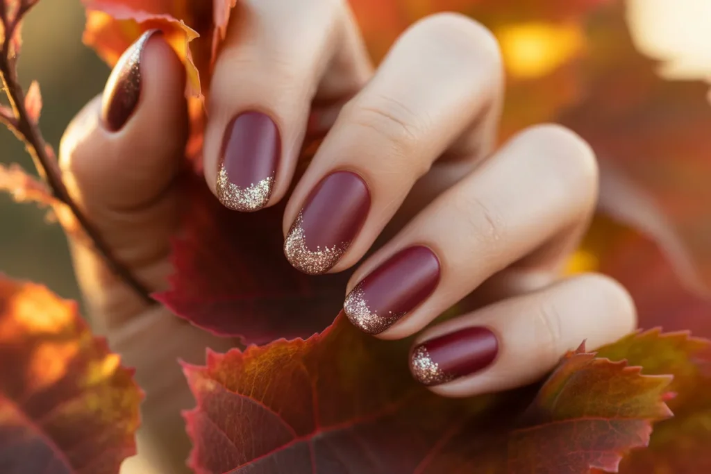 Burgundy Matte Nails with Glitter Tips