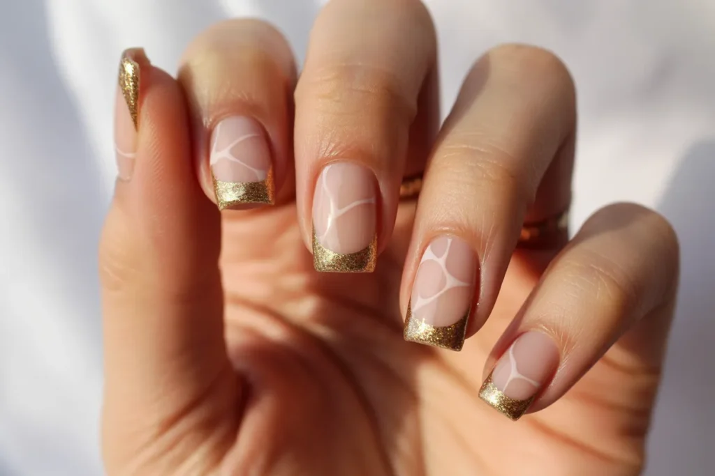 Negative-Space French Tips with Gold Glitter