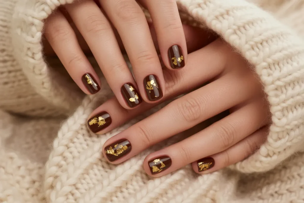 Dark Chocolate Nails with Gold Leaf