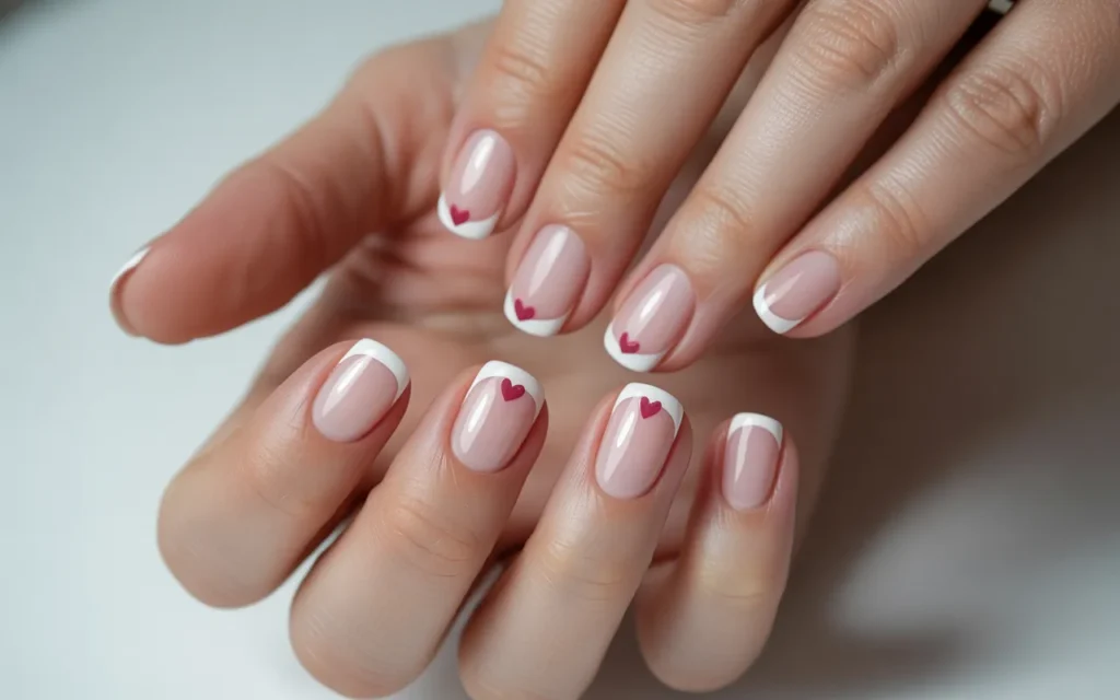 Pink French Mani with Tiny White Hearts