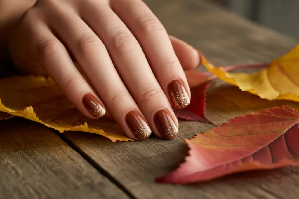Walnut Brown Nails with Champagne Glitter