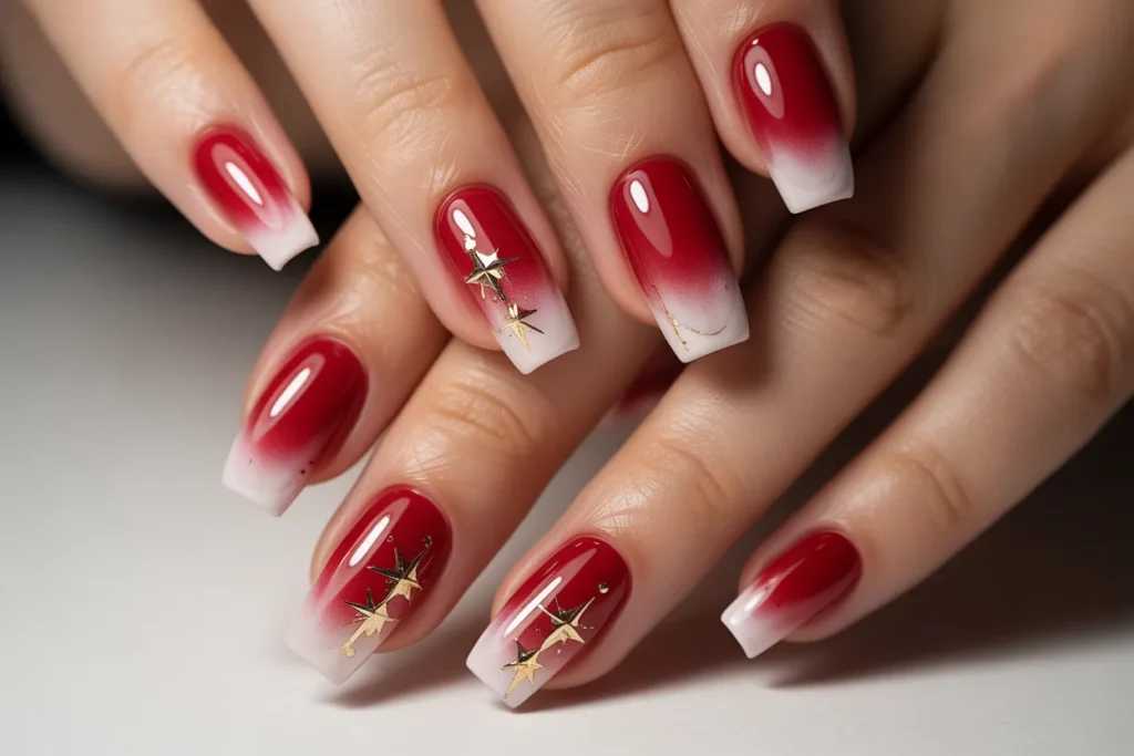 Ombre Red to White with Gold Stars
