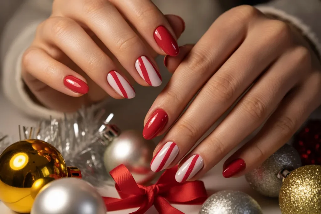 Candy Cane Stripe Nails on Short Almond Shape