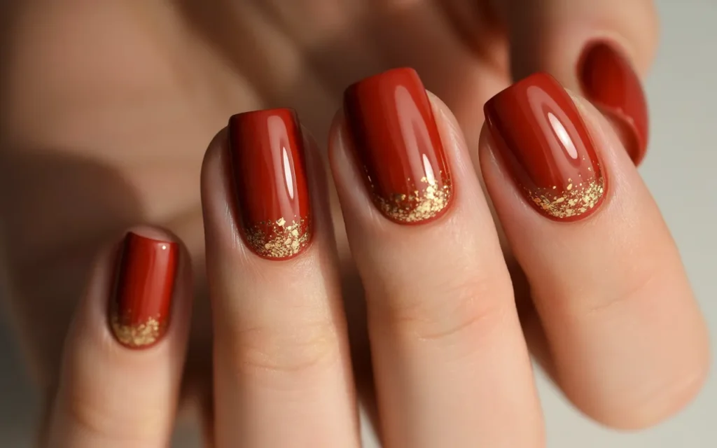 Red Nails with Gold Glitter Tips