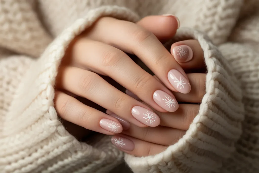 Blush Pink Nude Nails with White Snowflakes
