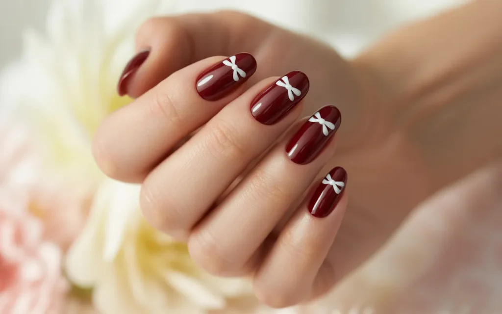 Burgundy Nails with White Bow Accent