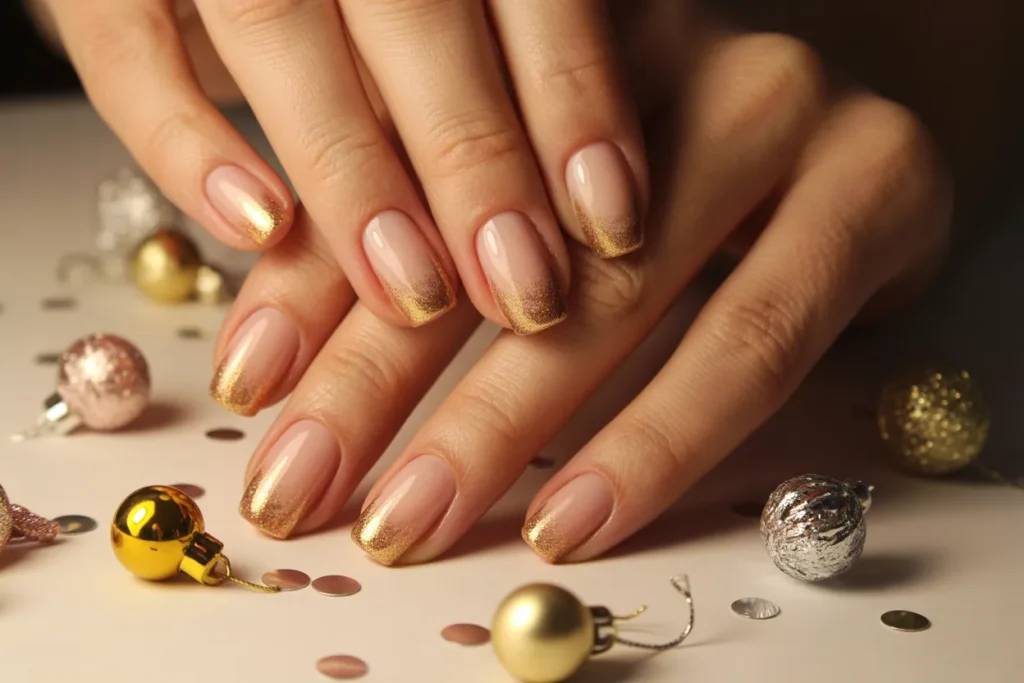 Nude Ombre Nails with Gold Sparkle Fade