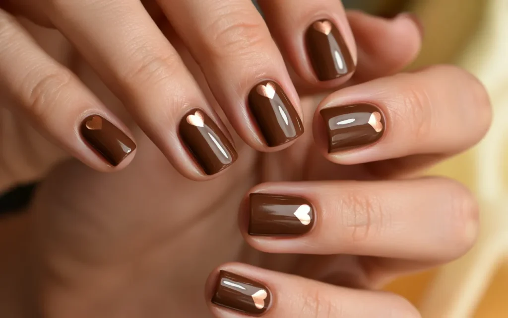 Chocolate Brown Nails with Tiny Hearts