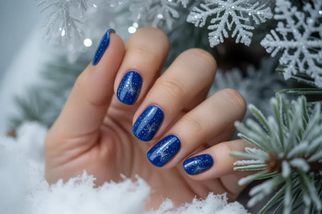Glittery Silver and Blue Winter Nails