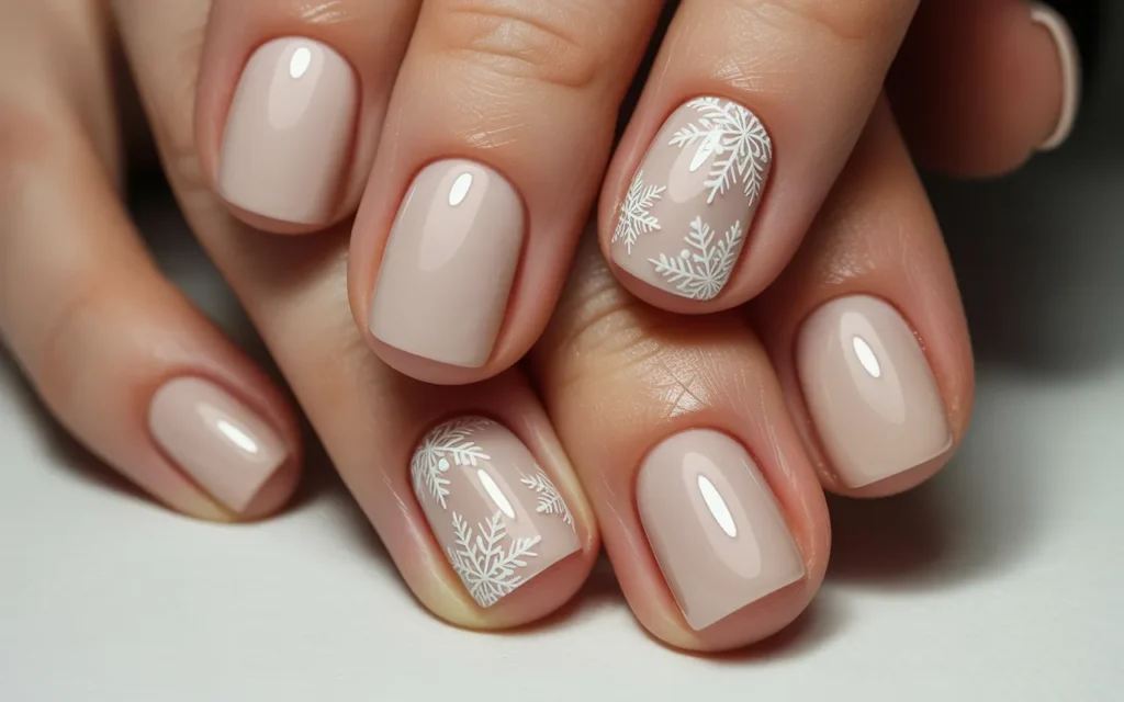 Nude Nails with White Snowflake Designs