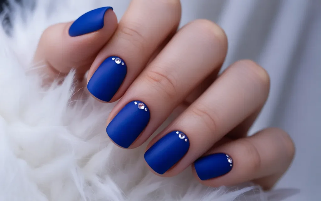 Royal Blue Matte Nails with Rhinestone Accents