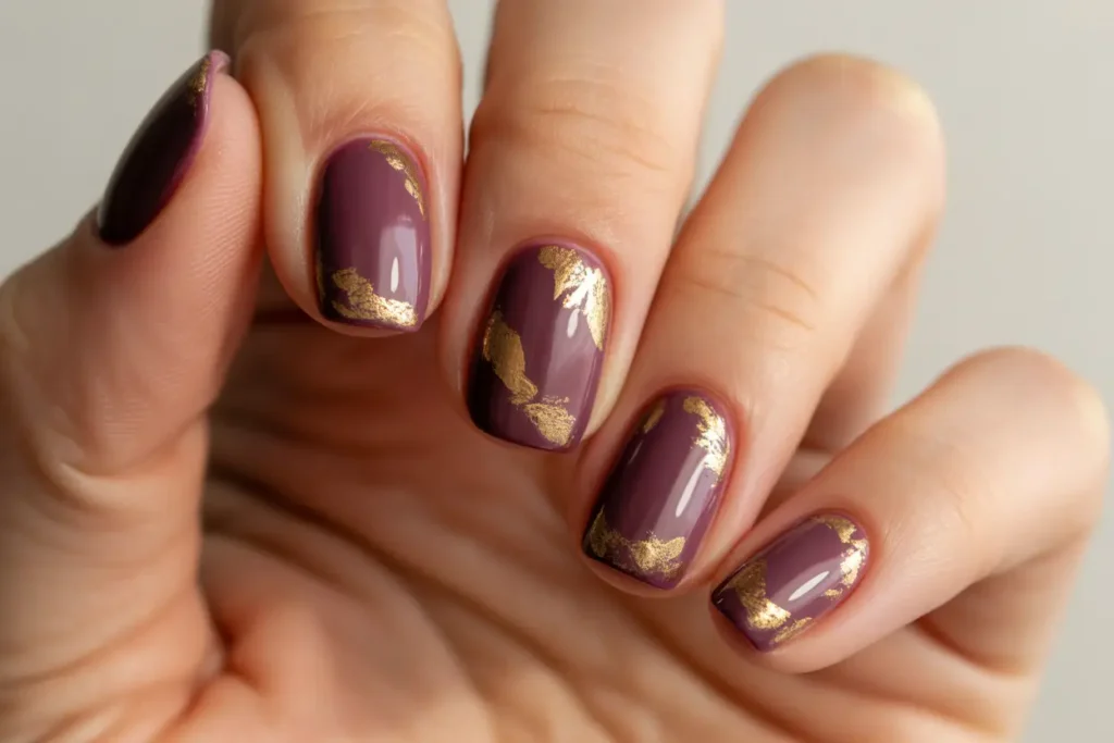 Fig Purple Nails with Golden Flakes