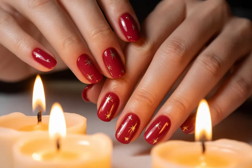 Minimalist Red Nails with Tiny Gold Stars
