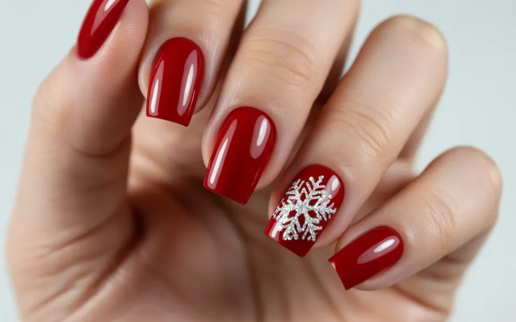 Red Nails with Snowflake Decals