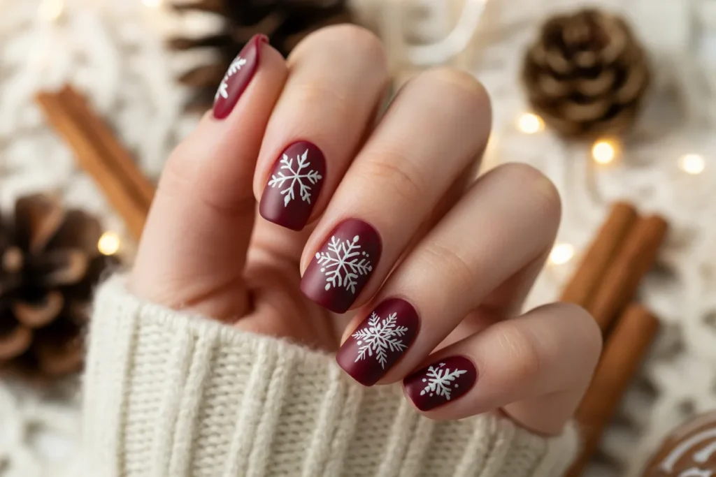 Glossy Burgundy with Matte Snowflake Details