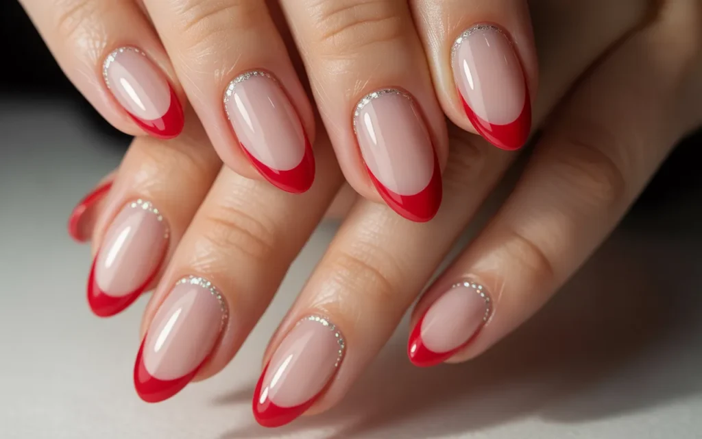 Red French Manicure with Glitter Accents