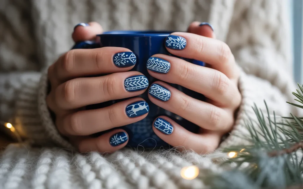 Scandinavian Knit Pattern on Dark Blue Nails