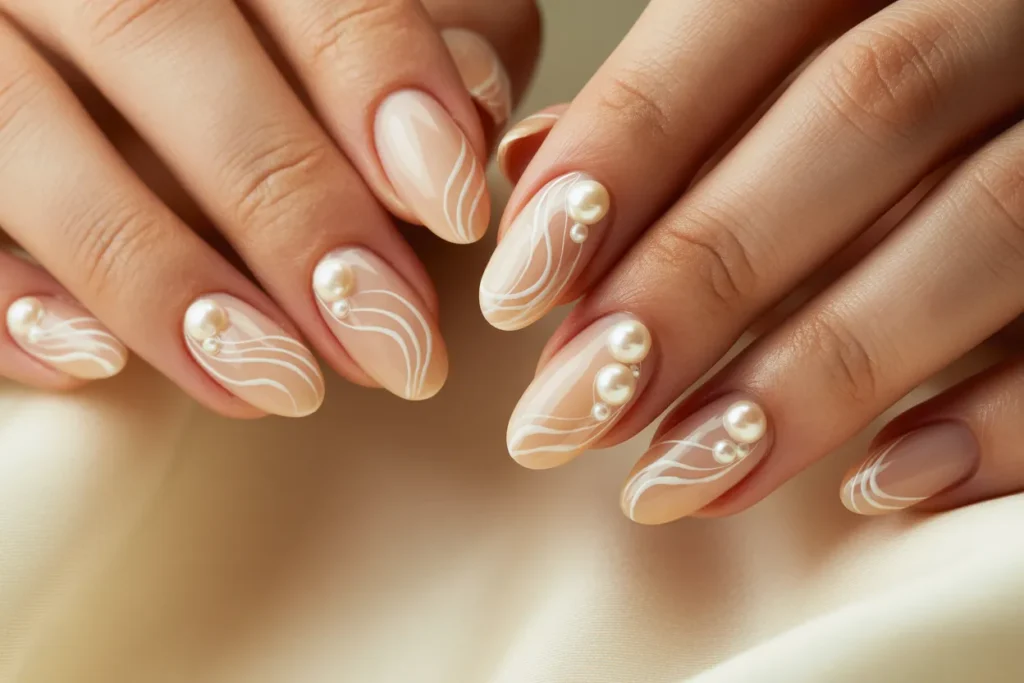 Almond Nude Nails with White Swirl Art