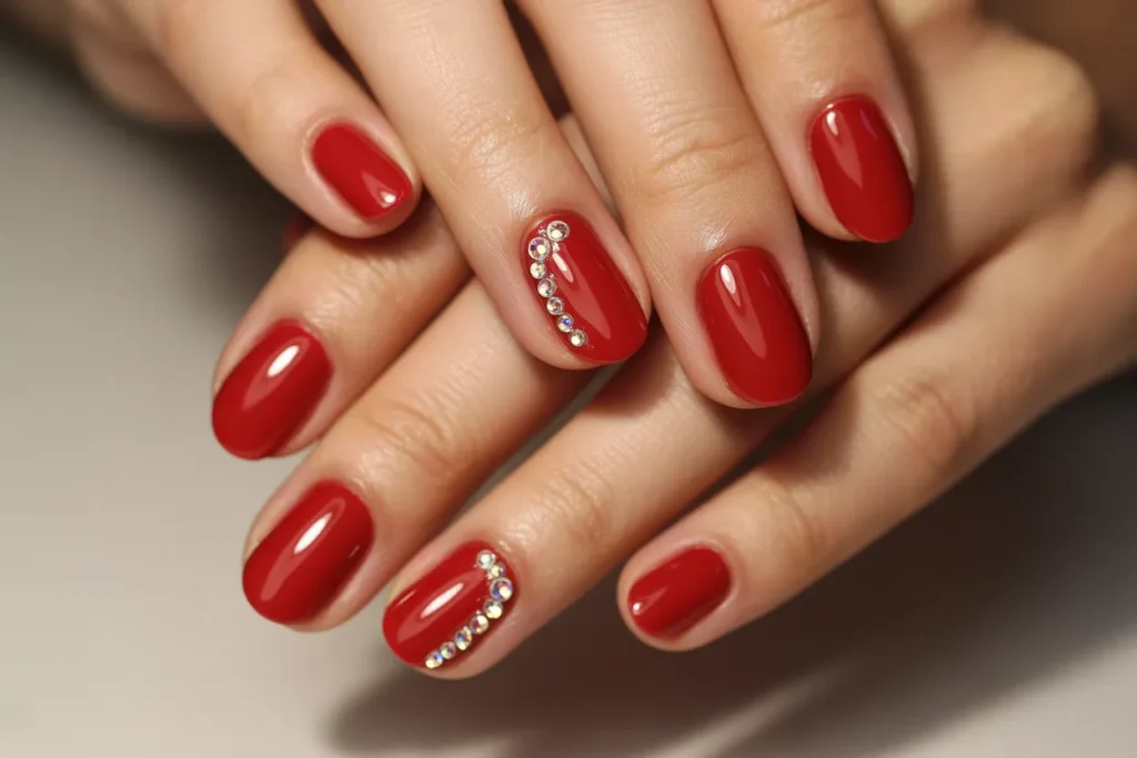 Glossy Red Nails with Rhinestones
