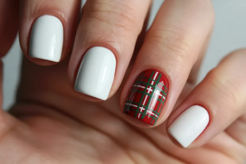 White Nails with Red and Green Plaid