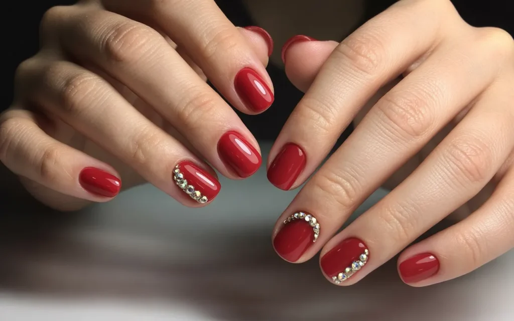 Cherry Red Nails with Rhinestones