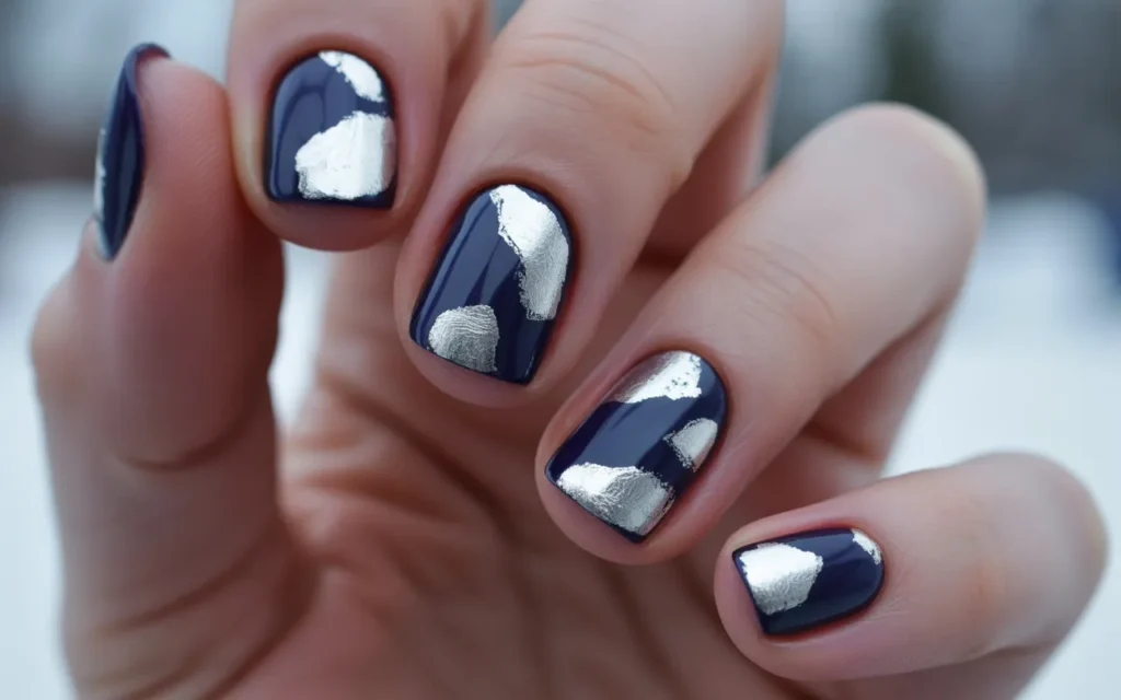 Dark Navy Nails with Metallic Silver Foil