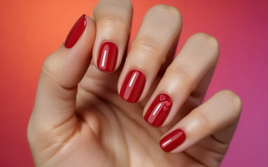 Solid Red Nails with Tiny Hearts