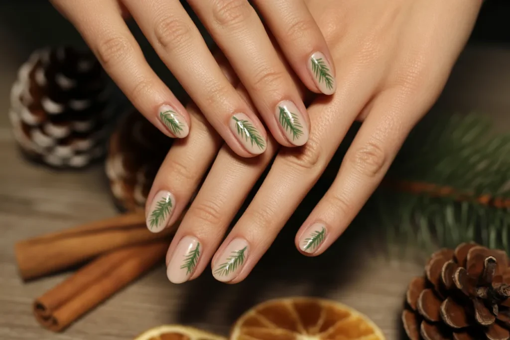 Beige Nude Nails with Evergreen Accents