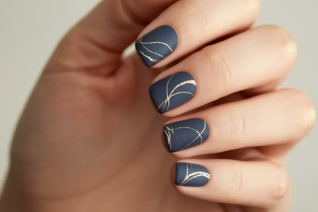 Smoky Navy Nails with Minimalist Art